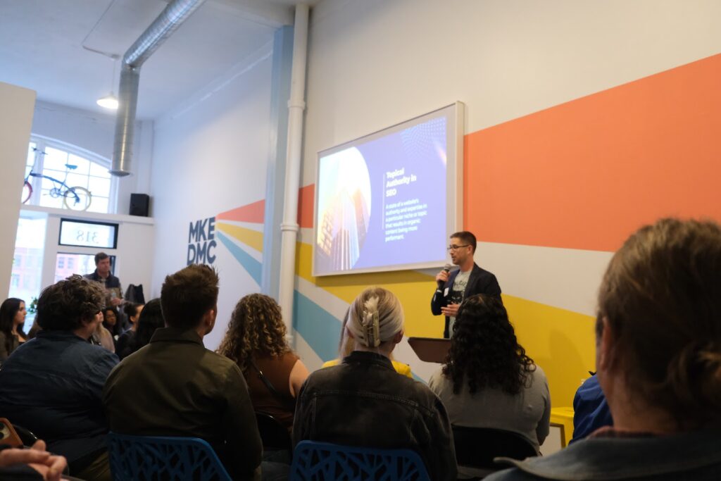 Greg Bernhardt presenting live at the MKE DMC event in April 2024